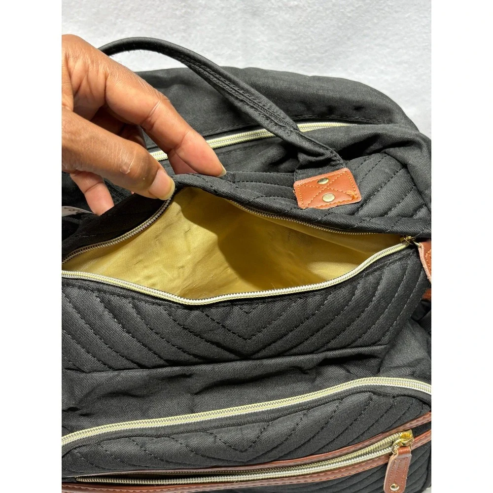 Black Quilted Diaper Bag Backpack with Brown Trim and Gold Hardware